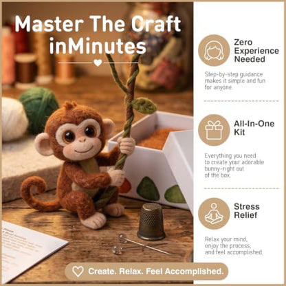 DIY Needle Felting Kit Cute Monkey on Vine – Needle Felting Starter Kit with Fiber Roving, Needles, Felting Pad & Instructions | Felted Jungle Animal Kit for Beginners Adults | DIY Craft Gift - Image 3