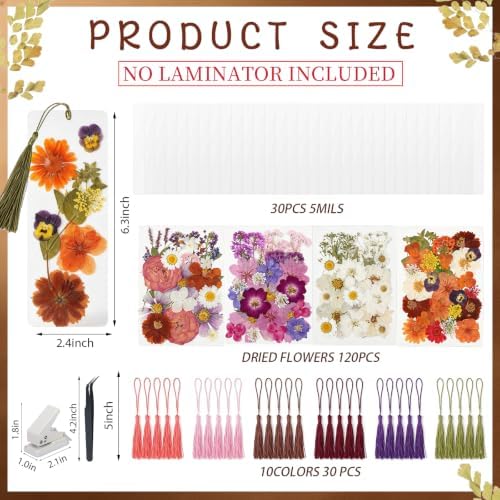 182 Pcs Pressed Flower Bookmark Making Kit, 30 Laminating Pouches with 120 Dried Flowers, 30 Tassels, Tweezer and Punch, Party DIY Crafts Bookmark for Reading Women Kids - Image 2