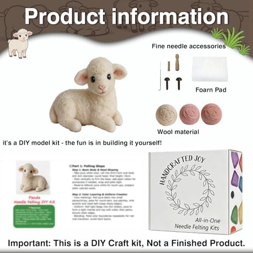 DIY Needle Felting Kit Cute White Lamb Lying – Needle Felting Starter Kit with Fiber Roving, Needles, Felting Pad & Instructions | Felted Farm Animal Kit for Beginners Adults | DIY Craft Gift - Image 3