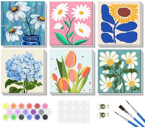 Bowetile 6 Pack Framed Paint by Numbers Kit for Adults Beginner, Flowers Adults' Paint-by-Number Kits on Canvas, Easy Acrylic Number Painting Kits Home Decor Gifts, 8x8in by BOWETILE