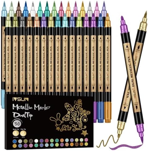30 Colors Dual Tip Metallic Acrylic Paint Marker pens with Brush & Fine by IVSUN