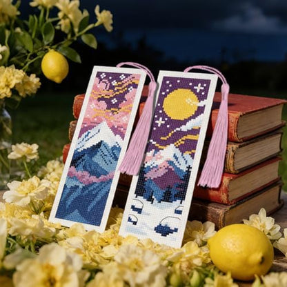 INFUNLY 6 Pack Night Scenery Cross Stitch Bookmark Kit, Dark Mountain Moon Sky Landscape, Stamped Pre-Printed Embroidery Set for Adults Beginners, DIY Craft Gift - Image 6