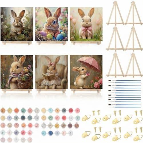 YooNotee 6 Pack Easter Paint by Numbers Kit Canvas with Wooden Easels & Brushes, 8 x 8 inches Easter Canvas Set for Adults Easy Acrylic Paint Kit Beginner for Rabbit Home Decor by Unknown