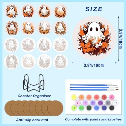 8 Pack Halloween Paint by Numbers Kits Coasters with Holder Cork Pads - Image 2