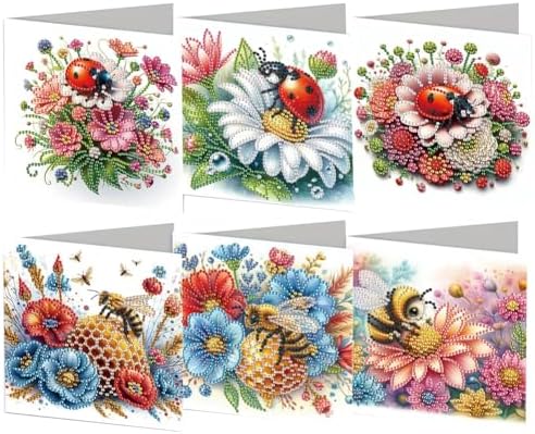 6 Pcs 5D DIY Diamond Painting Greeting Card Kit Ladybug Bee, Diamond Art Christmas Birthday Holiday Greeting Card, Art Crafts Kit Creative with Envelope by POETRYDRAW
