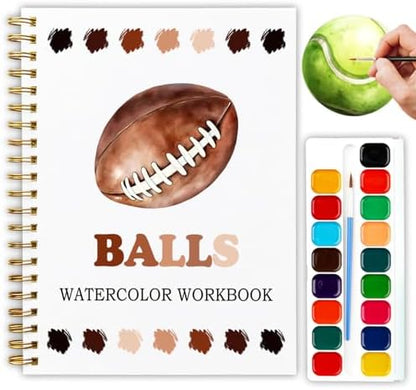 12 Patterns Sports Balls Watercolor Book, Basketball Soccer Football Tennis Painting Workbook, DIY Art Gift for Teen Athletes and Adult Fans, Stress Relief Water Coloring Activities by Unknown