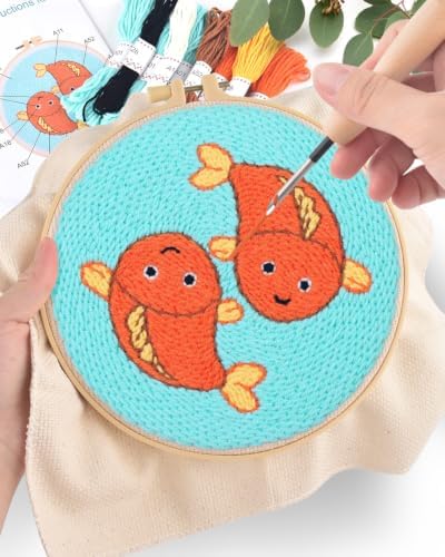 ERKOON Punch Needle Kit Beginners Adults, Zodiac Easy Embroidery Set for Starter Art Craft, Needling Punching Project with Patterns, Tools, Yarns, Hoop, Instruction (Pisces) - Image 5