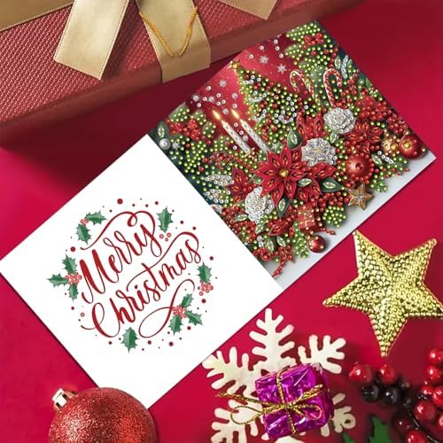 6Pcs Christmas Greeting Card DIY Diamond Art Painting Greeting Cards Blessing Folding Card Kit with White Envelopes Diamond Arts Crafts for Birthday Festival Gift-Poinsettia - Image 3