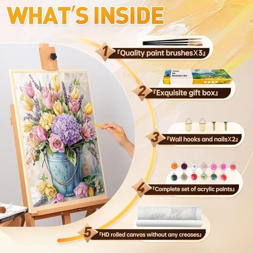 Qaisxoty Flowers Paint by Numbers Kit for Adults, Beginner Floral Paint by Numbers with Rolled Canvas, Box, Brushes, Acrylic Paints, DIY Paint by Number for Home Decor & Gift - 12”x16” - Image 7