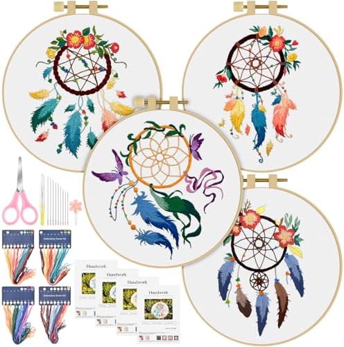 ERKOON 4 Set Embroidery Kit for Beginners, Cross Stitch Set Include Embroidery Cloth Hoops Threads for Craft Lover Hand Stitch with Embroidery Skill Techniques (Feather Wreath) by ERKOON