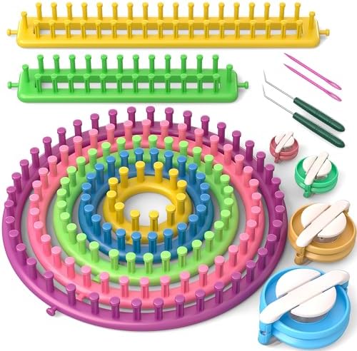 READAEER Knitting Loom Kit with Pompom Maker, Round Knitting Loom for Hat, Rectangular for Blanket Scarf Shawl, Knitting Loom Kit for Beginner by READAEER