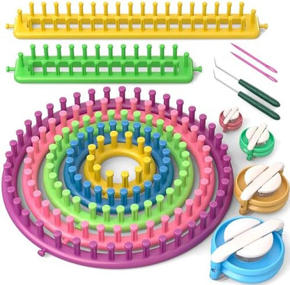 READAEER Knitting Loom Kit with Pompom Maker, Round Knitting Loom for Hat, Rectangular for Blanket Scarf Shawl, Knitting Loom Kit for Beginner by READAEER