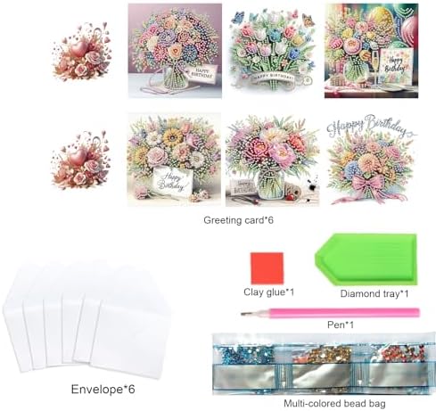 TDFERAN 6 Pack Diamond Painting All Occasion Card Assortment with Envelopes Diamond Art Kits Birthday Greeting Cards All Occasion Birthday Cards Sympathy Cards Thinking of You Cards Flowers - Image 3