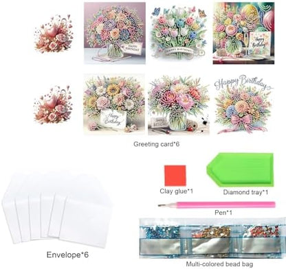 TDFERAN 6 Pack Diamond Painting All Occasion Card Assortment with Envelopes Diamond Art Kits Birthday Greeting Cards All Occasion Birthday Cards Sympathy Cards Thinking of You Cards Flowers - Image 3