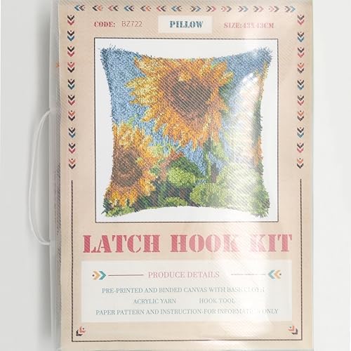 Howie's Latch Hook Kit, DIY Sunflower Pillow Crochet Yarn Kits for Adults, Color Preprinted Pattern Embroidery Sofa Cushion Cover (Sunflower, 16.93 x 16.93 inch) - Image 2