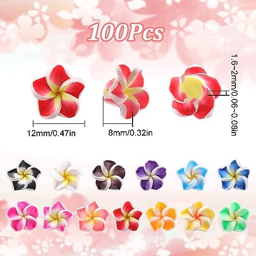 SUNNYCLUE 100Pcs Plumeria Beads Polymer Clay Flower Beads Bulk Handmade Hawaiian Plumerias Flowers 12x8mm Flat Back Floral Charms Summer Colorful 3D Loose Spacers for Jewelry Making Beading Kit - Image 2