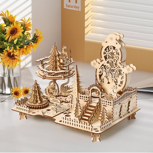 3D Wooden Puzzles for Adults, Rotating Xmas Amusement Park Music Box Kit - Image 5