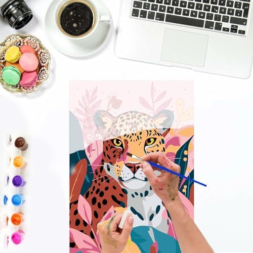 Lxmsja Cute Leopard Paint by Numbers Kit for Adults, Jungle Leaves Acrylic Paint by Numbers for Adults Beginner, DIY Craft Supplies Oil Painting Kits for Home Wall Decor 8x12 inch (Framed) - Image 6