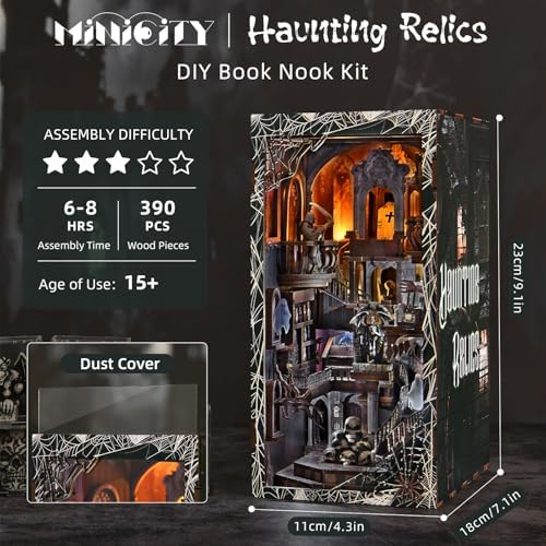 MiniCity Haunting Relics Book Nook Kit, 3D Wooden Bookshelf Puzzle with LED - Image 4