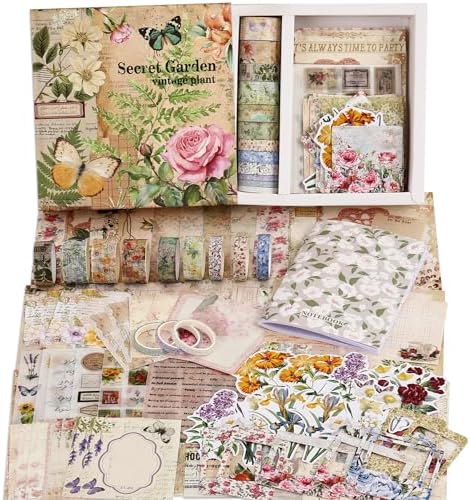 Vintage Botanical Scrapbooking Supplies Kit, Aesthetic Flower Scrapbook Kit for Bullet Junk Journal, 12 Rolls Washi Tape, Stickers Papers for DIY Journaling Supplies, Craft Gift for Girl Women by emmoolife