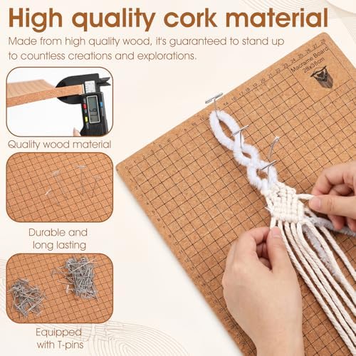 108 Pcs Complete Macrame Kit with 8.3 x 6.5 Inch Double-Sided Grid Board, Adjustable Metal Stand, 100 T-Pins, Scissors, Brushes & Ruler - Professional Macrame Supplies for DIY Crafting - Image 3