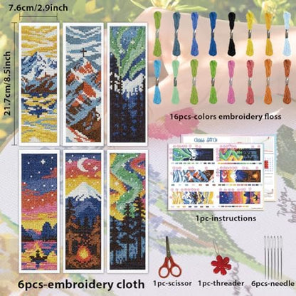 ACRNIGHEET 6PCS Cross Stitch Bookmark Kit for Beginner Stamped Cross Stitch Kits for Adults Nordic Landscapes DIY Embroidery Bookmark Kits Needlepoint Kit with Instructions Craft Gift 8.5''x3'' 11CT - Image 2