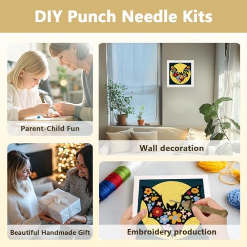 DOODLREAM Flower Bat Full Moon Needle Kit for Beginner, 9.4"x 9.4" Cartoon Halloween Punch Stitching Craft Set, DIY Embroidery Starter with Printed Frame, Instruction, Threader, Yarn, Punch Needle - Image 4