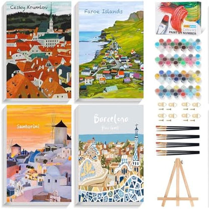 4 Pack Framed Paint by Numbers Kit for Adults Beginner with Wooden Easel, Landscape Easy Paint by Numbers with Frame, DIY Adult Paint by Numbers Kits on Canvas Framed for Home Decor Gift 8x12 Inch by Unknown