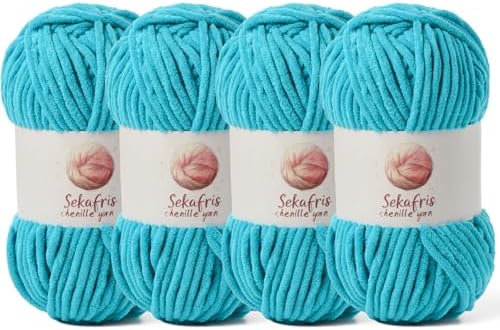 Chenille Blanket Yarn for Crocheting Size 5 Bulky Yarn 4 Lake Blue by Sekafris