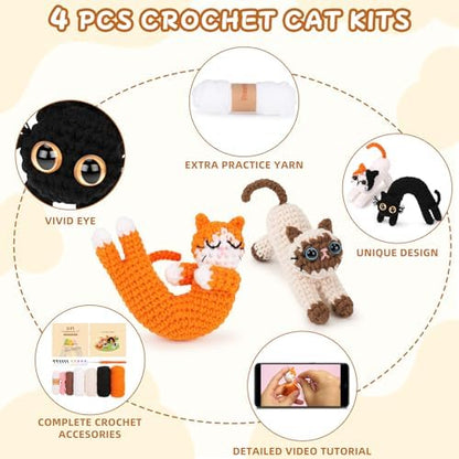 Crochet Kit for Beginners - 4 PCs Cat Crochet Kits with Step-by-Step Video Tutorials, Beginner Crochet Kit for Adults Kids, Learn to Crochet Animal Kit, Creative Crochet Gift for Cat Lovers - Image 3