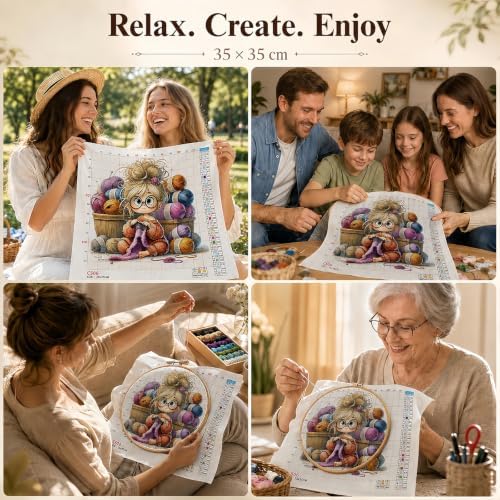 Knitting Woman Stamped Cross Stitch Kits for Beginner 13.7x13.7 Inch - Image 7
