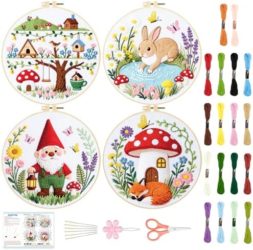 BEUNITONE 4 Set Embroidery Kit for Beginners, Fairy Tale Pattern Cross Stitch Kits, Needlepoint Kits for Adults with Instructions and Full Kit, Funny Hand Embroidery Patterns for Cloth and Home Decor by BEUNITONE