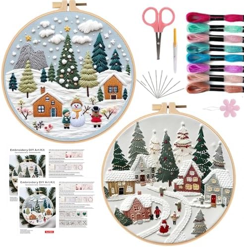 Offizon Christmas Embroidery Kit for Beginners, 2 PCS Starter Cross Stitches, Winter Night Santa Handicrafts, Merry Chistmas by OFFIZON