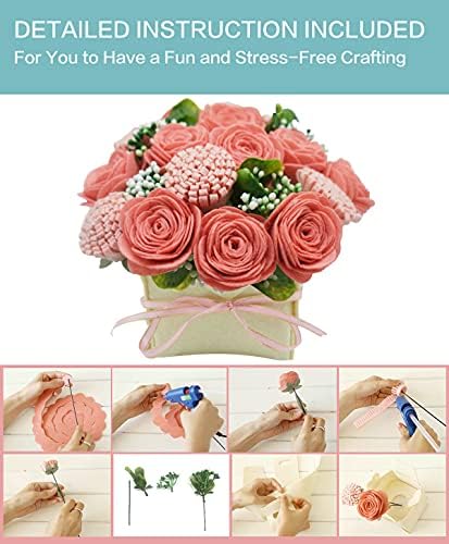 BAZIMA DIY Felt Flower Art Craft Kit, Pink Rose and Carnation Pot Bonsai Kit, Floral Gifts, Beginner Craft Kit, Arrange Pre-Cut Flowers and Foliage - Image 6