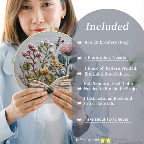 FONNUY Embroidery Kit for Beginners, Flower Book Pre-Stamped Pattern Kits for Adults with Hoop, Cross Stitch Easy to Follow Color Thread Needlework, 8'' Hoop (Green) - Image 2