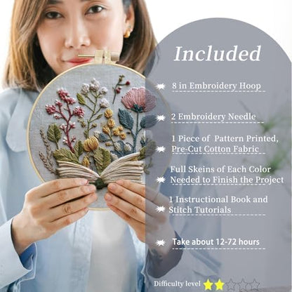 FONNUY Embroidery Kit for Beginners, Flower Book Pre-Stamped Pattern Kits for Adults with Hoop, Cross Stitch Easy to Follow Color Thread Needlework, 8'' Hoop (Green) - Image 2