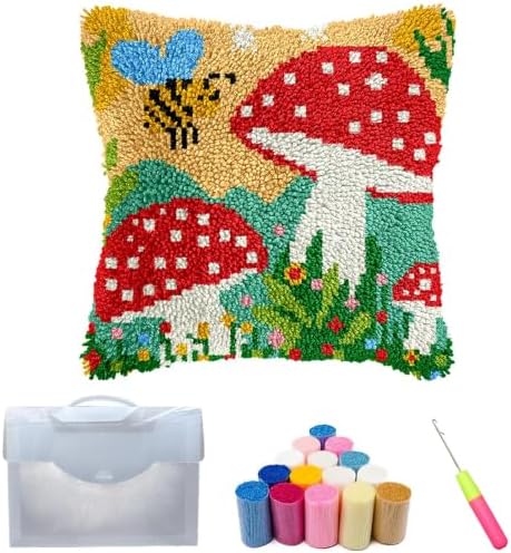 Yiranok Latch Hook Kits for Adults Beginner,17x17 inch Butterfly Floral DIY Crochet Pillow Cover Kit Pre-Printed Pillowcase Hook and Latch Kit Needlework Cushion Cover for Home Sofa Decor (Mushroom) by Unknown