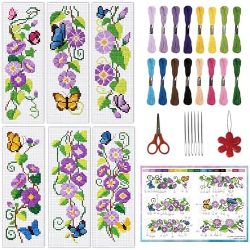 INFUNLY 6pcs Wisteria Floral Cross Stitch Bookmark Kit for Adults DIY Purple Vine Embroidery Bookmark Kits Butterfly Purple Flower Cross-Stitch Pre-Printed Bookmarks with Instructions for Book Lovers by INFUNLY
