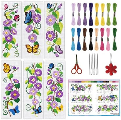 INFUNLY 6pcs Wisteria Floral Cross Stitch Bookmark Kit for Adults DIY Purple Vine Embroidery Bookmark Kits Butterfly Purple Flower Cross-Stitch Pre-Printed Bookmarks with Instructions for Book Lovers by INFUNLY