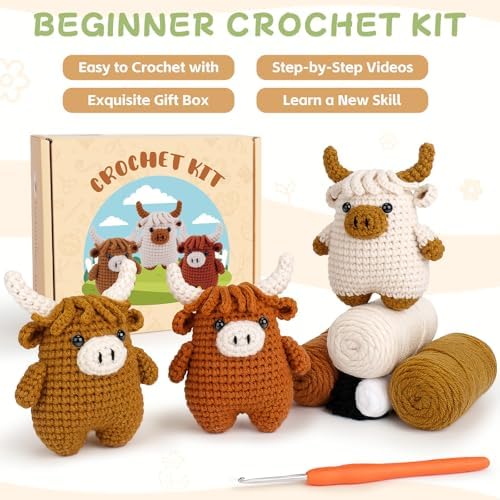Fortuning's JDS Crochet Kit for Beginners - Crochet Highland Cow Beginner Crochet Kit for Adults, Complete Scottish Cow Crochet Animal Kits, Easy Crocheting Knitting Starter Kits Gifts - Image 4