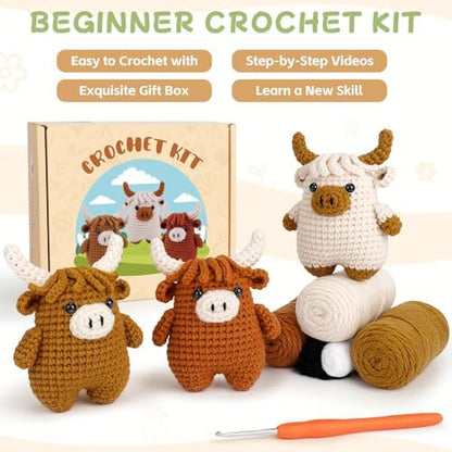 Fortuning's JDS Crochet Kit for Beginners - Crochet Highland Cow Beginner Crochet Kit for Adults, Complete Scottish Cow Crochet Animal Kits, Easy Crocheting Knitting Starter Kits Gifts - Image 4