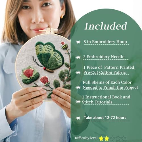 FONNUY Green Plants Embroidery Kit, Cross Stitch Kits for Beginners, Handmade Crafts with Printed Patterns for Beginner Adults, Easy to Follow Color Thread Needlework, 8'' Hoop (Butterfly) - Image 2