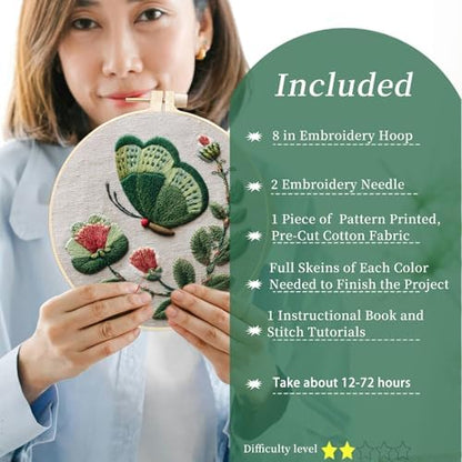 FONNUY Green Plants Embroidery Kit, Cross Stitch Kits for Beginners, Handmade Crafts with Printed Patterns for Beginner Adults, Easy to Follow Color Thread Needlework, 8'' Hoop (Butterfly) - Image 2