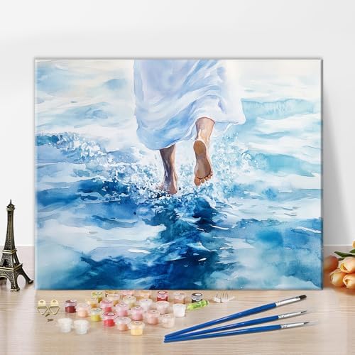 TUMOVO Adults Paint by Numbers Kit for Beginners Jesus Walks on Water Religious Paint by Numbers Kit for Adults Christian Themed DIY Canvas Painting with Ocean Waves and Disciples Acrylic 16x20 Inch by TUMOVO