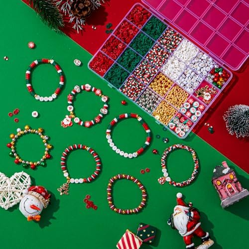 Taybonds Christmas Clay Beads for Bracelets Jewelry Making Kit, Xmas Colored Red Green Heishi Bead Kit,Christmas Charms,Golden Spacer Beads,Letter Beads for Friendship Gift,Holiday Polymer Clay Beads - Image 3