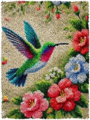 MIAOLLUN Hummingbird Flower Latch Hook Kits for Adults Beginner, DIY Bird Pre-Printed Canvas Rug Cushion Making Craft Embroidery Crochet Yarn Kit 52X38cm by MIAOLLUN