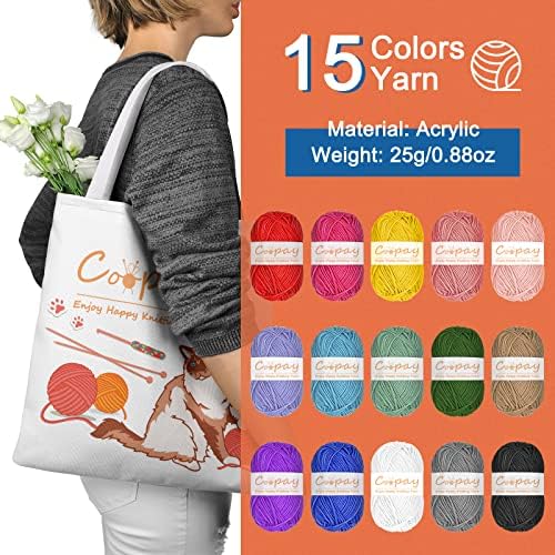 Coopay Crochet Kit Beginners Crochet Starter Kit with 15 Colors Yarn, 71PCS Crochet Beginners Set Crochet Kit for Adults, Cat Canvas Tote Bag Full Crochet Accessories & Instructions - Image 5