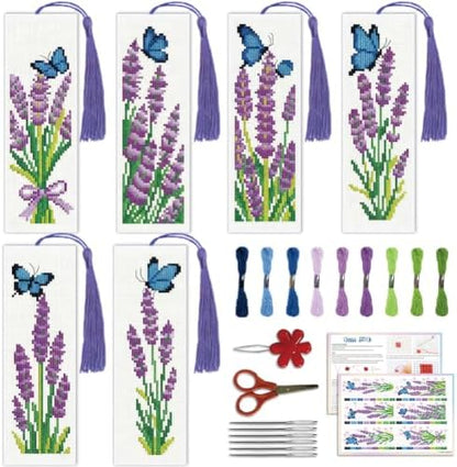 ACRNIGHEET 6PCS Cross Stitch Bookmark Kit for Beginner Stamped Cross Stitch Kits for Adults Lavender DIY Tassel Embroidery Bookmark Kits Needlepoint Kit with Instructions Craft Gift 8.5''x3'' 11CT by ACRNIGHEET