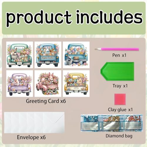 6Pcs Easter Greeting Card DIY Diamond Art Painting Greeting Cards Special Shaped Diamond Blessing Folding Card Kit Arts Crafts for Holiday Festival-Easter Truck - Image 7
