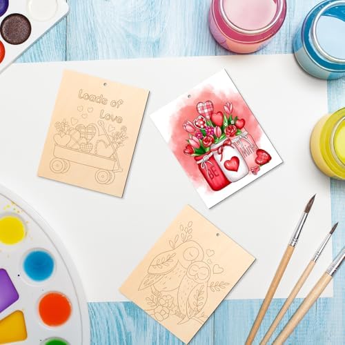 COCHIE 10 Pieces Large Valentines Day Unfinished Wood Crafts to Paint for Adults, Bulk Predrilled Wooden Ornaments for Painting, Heart Pattern Paintable Wood Slices Craft Supplies with Ropes - Image 7